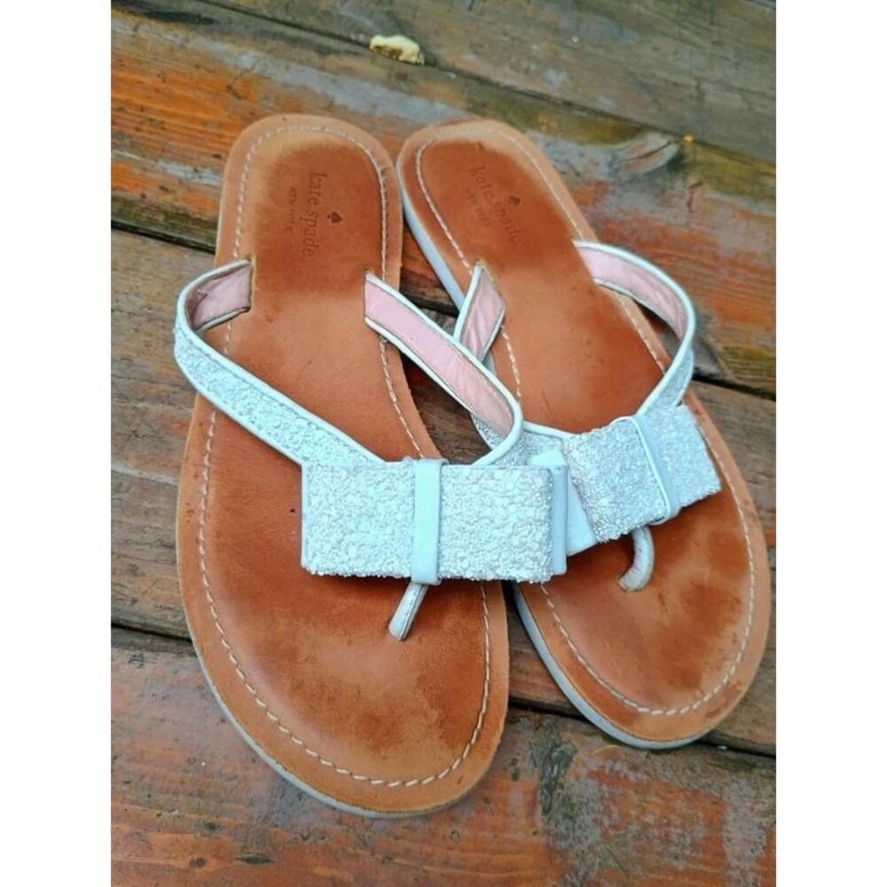 Kate Spade Icarda Glitter Bow Flip Flops Women 8M White Flat Thong Shoes